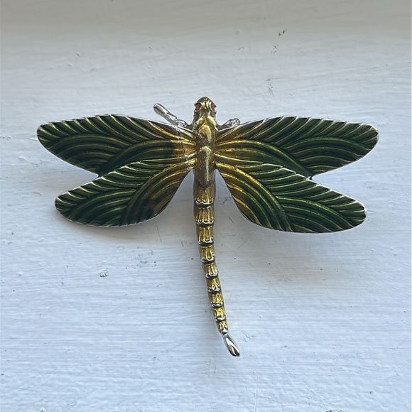 Erwin Pearl Jewelry - Vintage Erwin Pearl Green and Gold Dragonfly Brooch